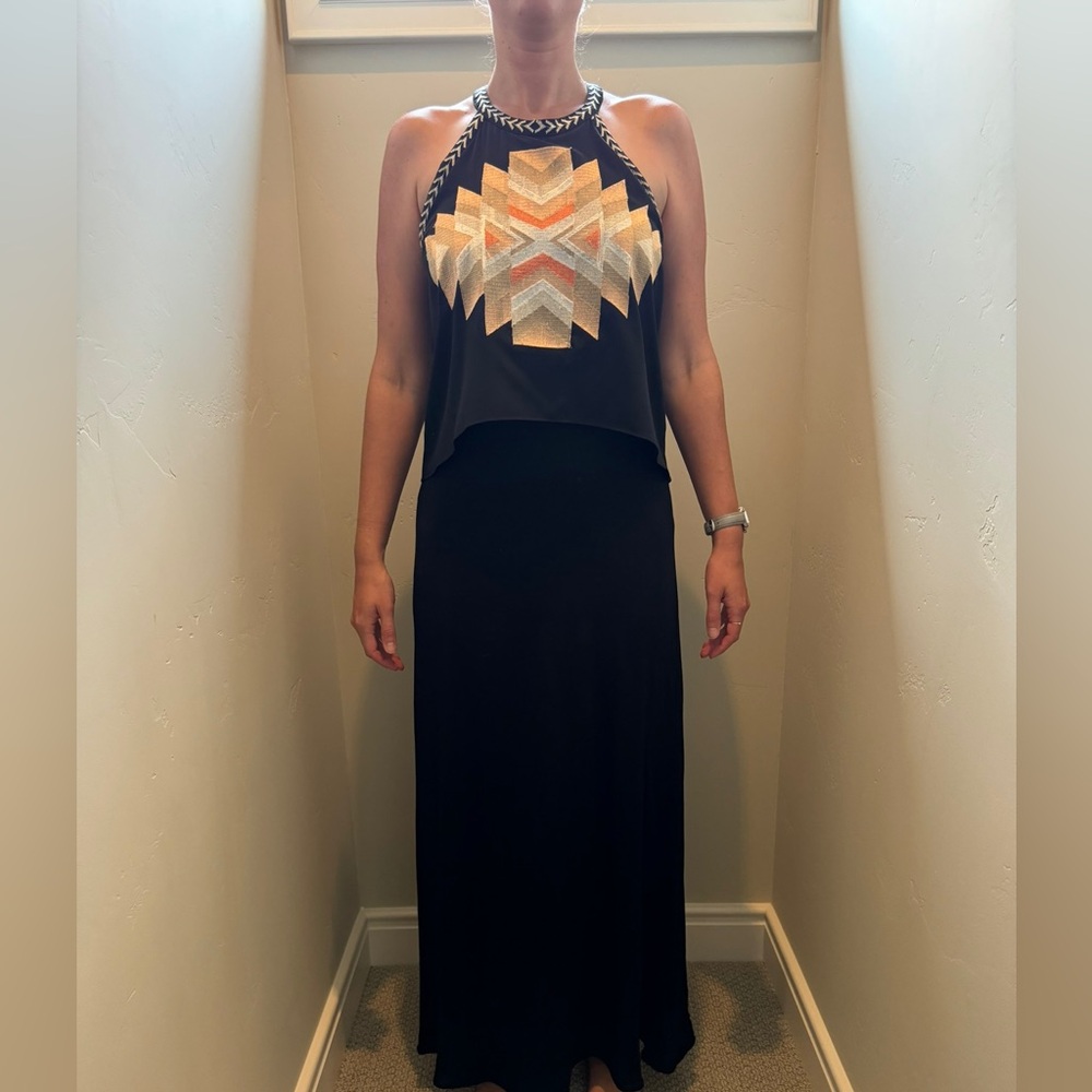 Chloe Oliver t-back gown with embroidered bodice and trim